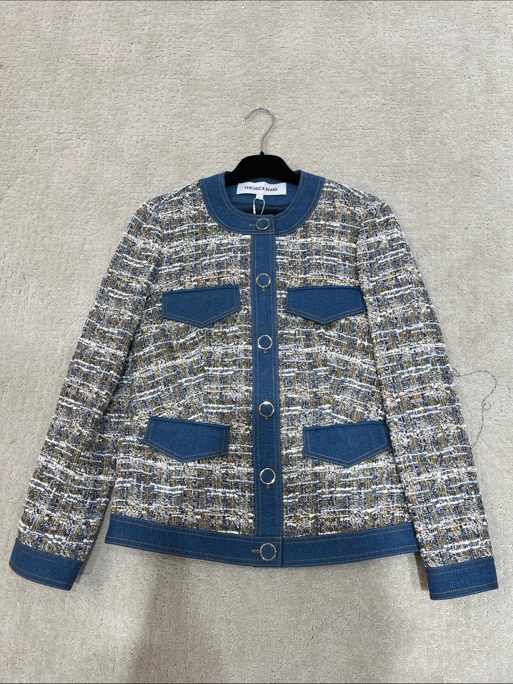 Veronica Beard Blue Denim-Trim Tweed Jacket